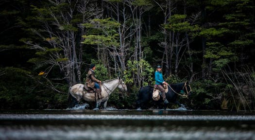 Horse riding the fjord trail from Puerto Natales, Torres del Paine, Chile, Patagonia