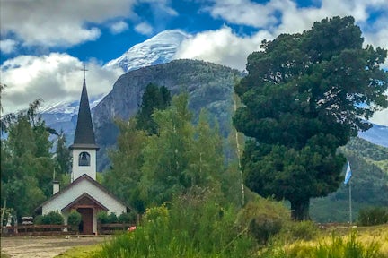 Church with view of Lanín volcano, Argentina